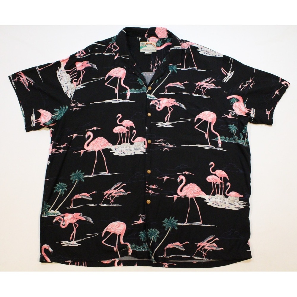Vintage Paradise Found Flamingo Short Sleeve Button Hawaiian Shirt Men's 2XL‎